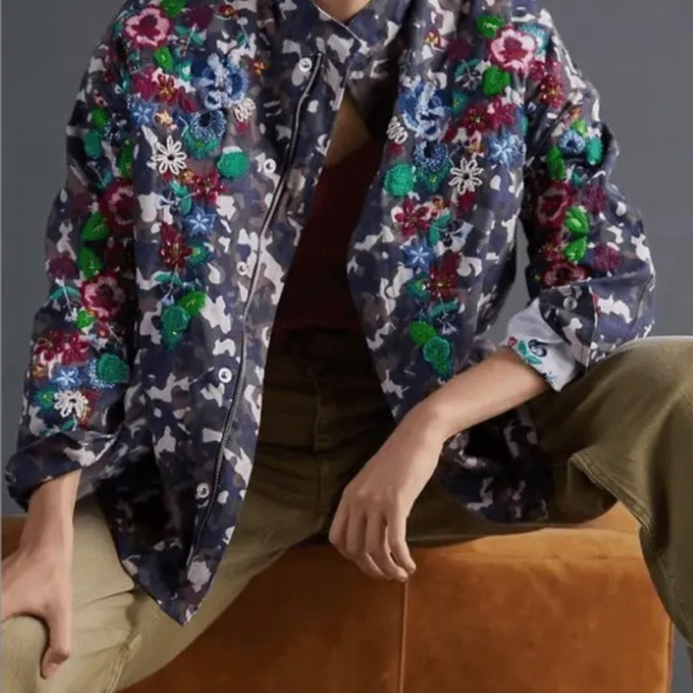 Anthropology limited edition camo jacket with hand detailed design and detail -